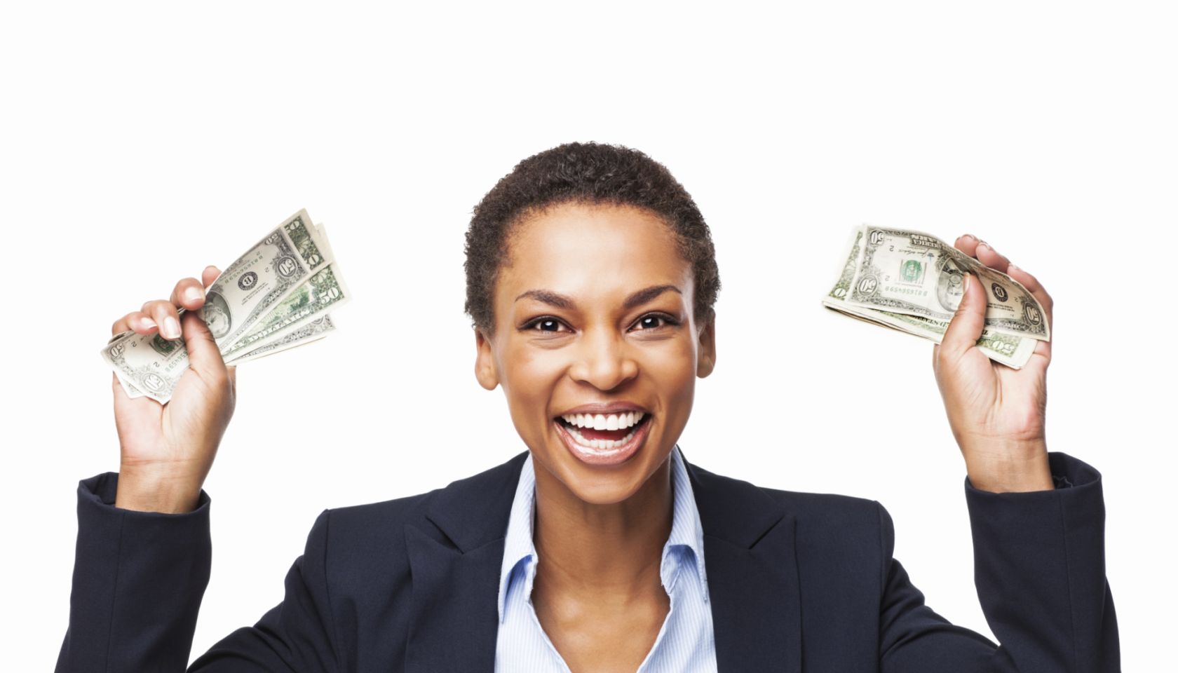 African American Businesswoman Holding Handful Of Money - Isolated