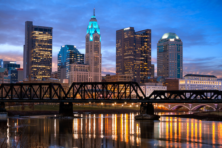 Skyline, Sunrise, Railway Bridge, Columbus, Ohio, America