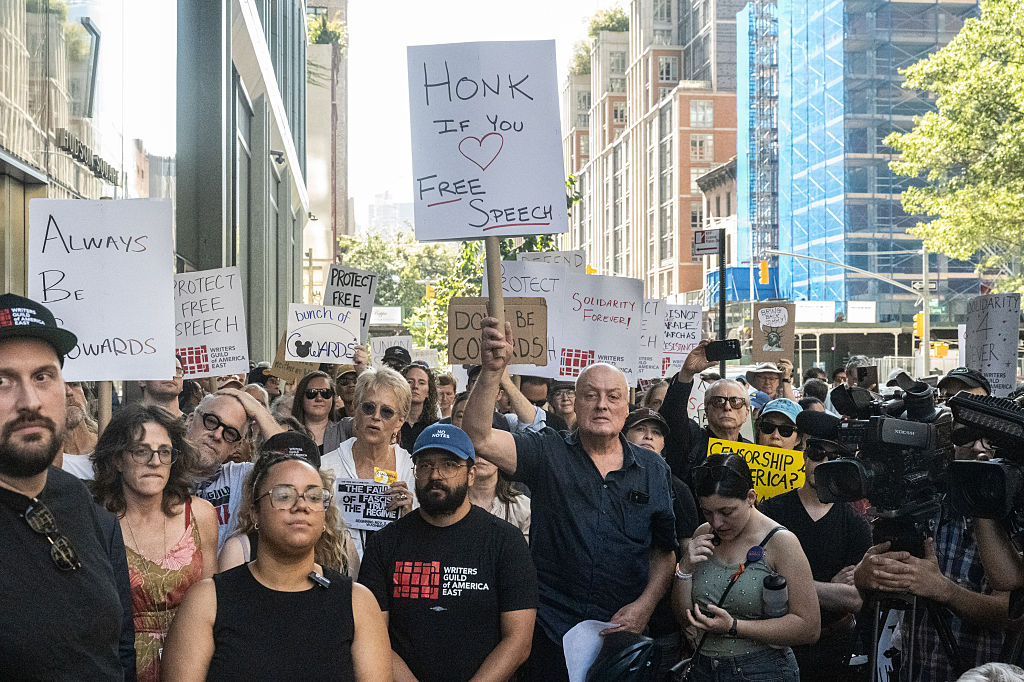 Activists Demonstrate Against ABC's Decision To Suspend Late Night Host Jimmy Kimmel Over Comments About Charlie Kirk Shooting