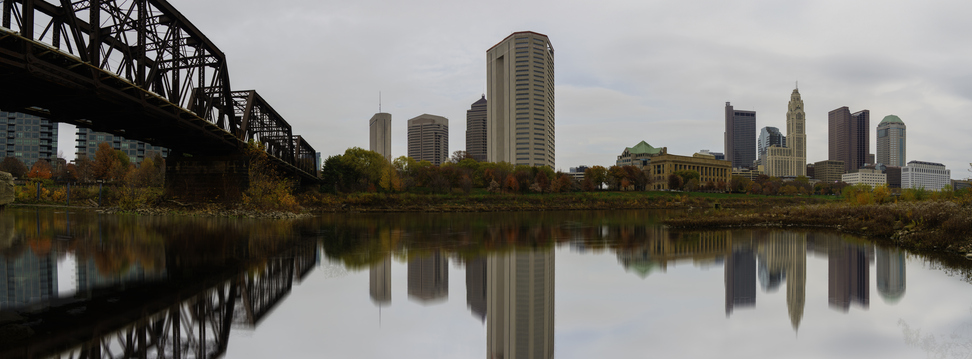Columbus City Skyline, Skyscrapers, and Landmark Railroads in Ohio over the Scioto River